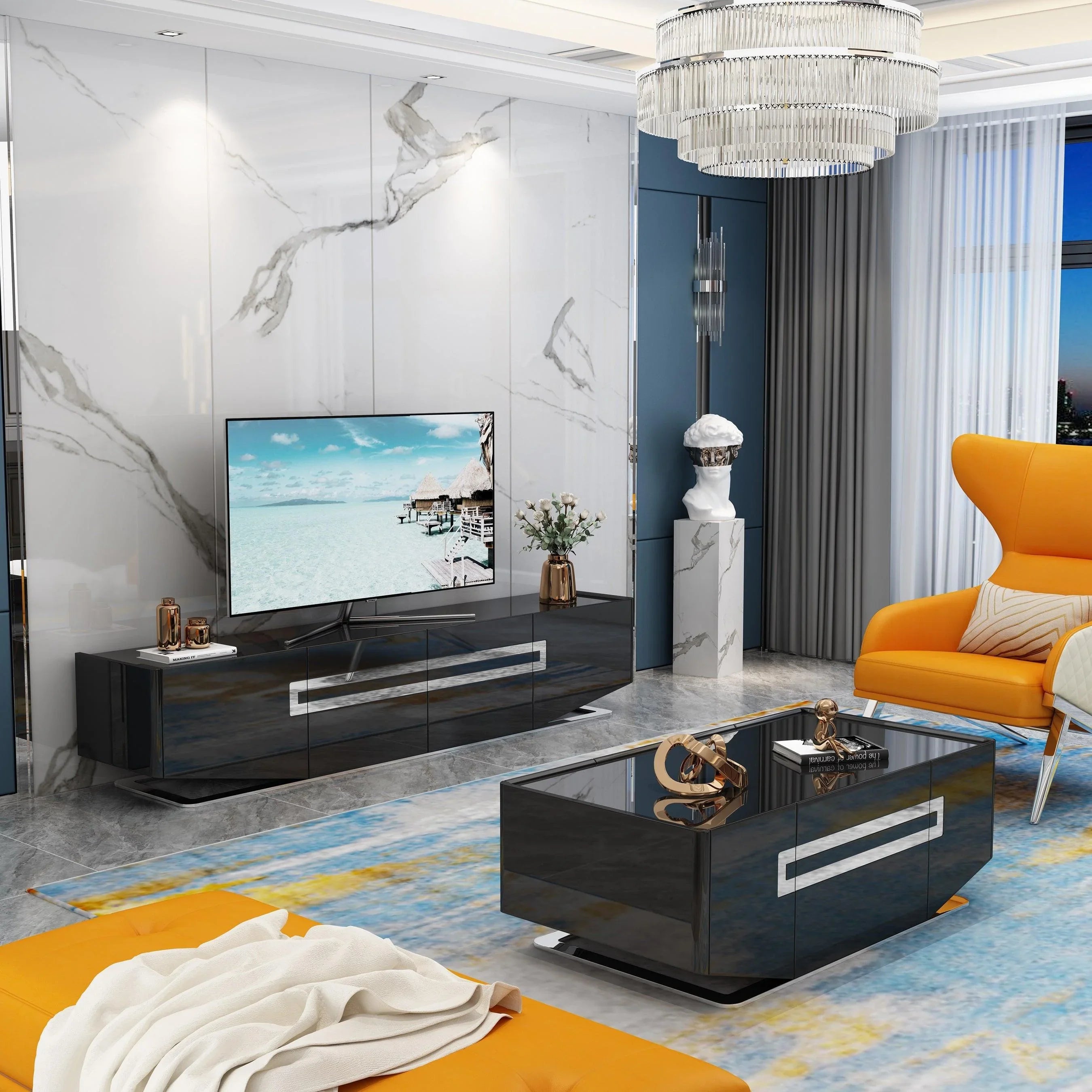Modern living room with glossy black TV unit, coffee table, orange accent chair, marble walls, and chandelier