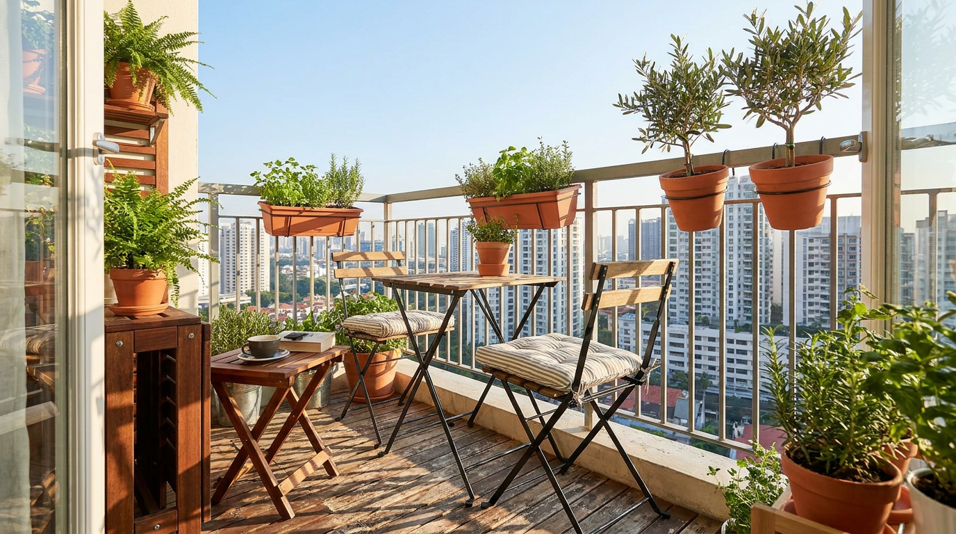 Compact apartment balcony with a two-seater bistro set and potted greenery overlooking the city