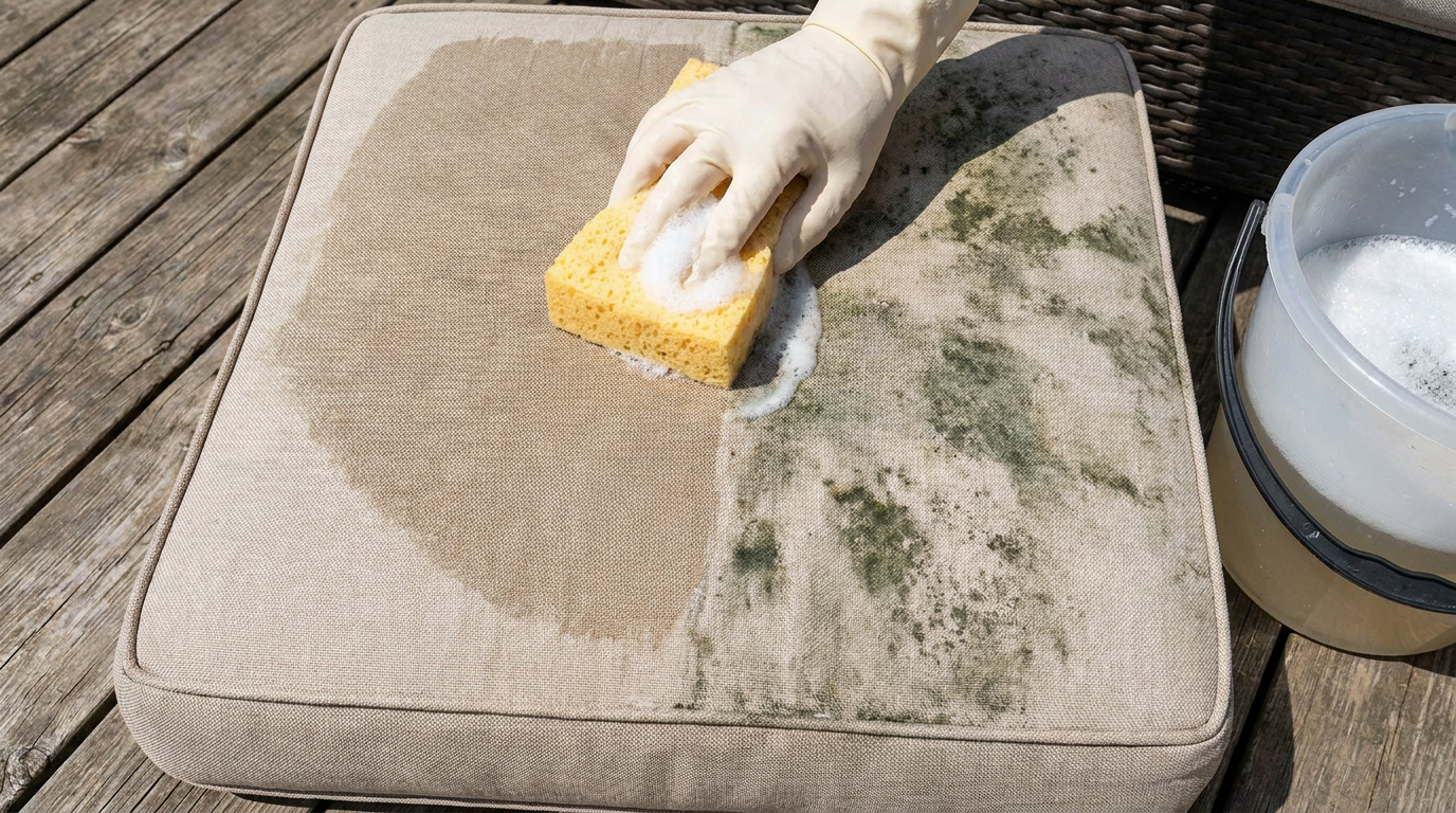 Wiping mould and mildew from a beige outdoor cushion with a sponge and soapy water