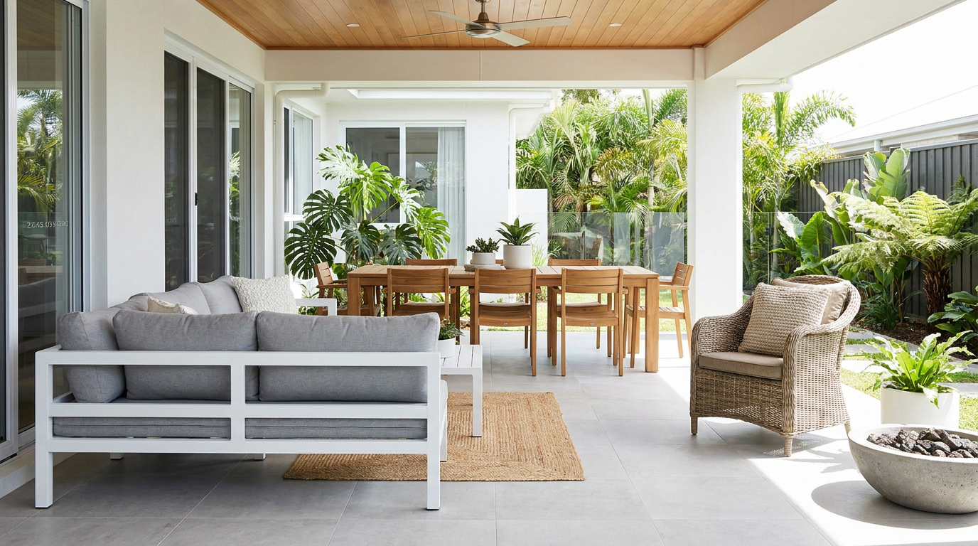 Mixed-material outdoor furniture on a modern Queensland alfresco patio — aluminium, timber and wicker
