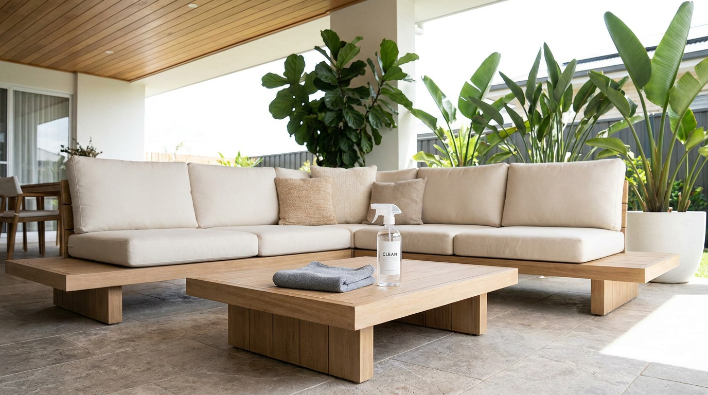 Pristine outdoor lounge setting with a cleaning cloth and spray bottle, ready for maintenance