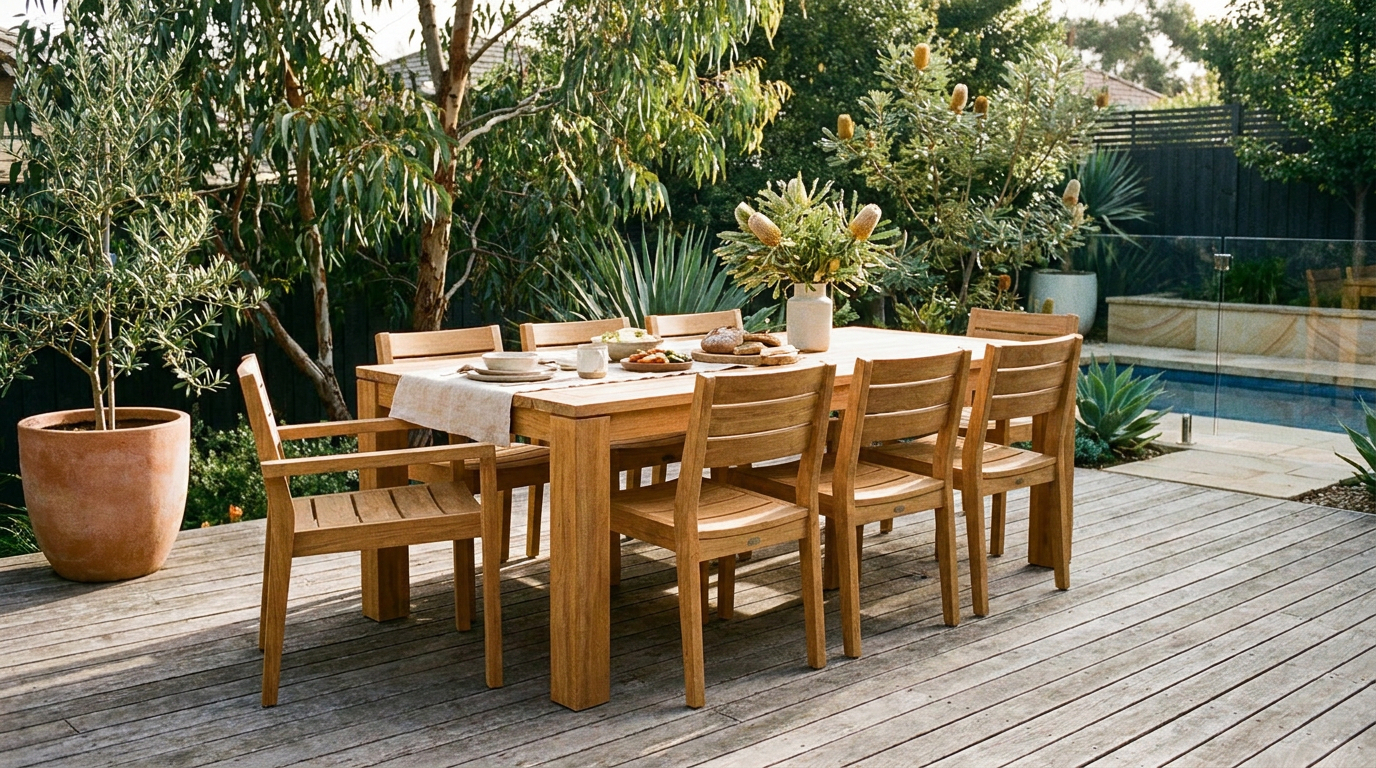 Solid teak outdoor dining setting on a timber deck in dappled sunlight