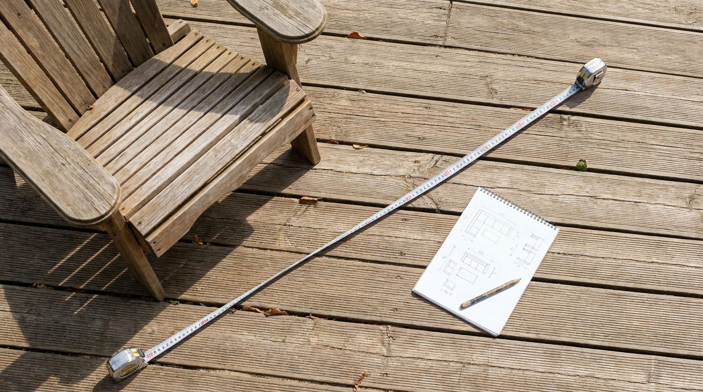 Tape measure and notepad on a timber deck used to plan outdoor furniture size and spacing
