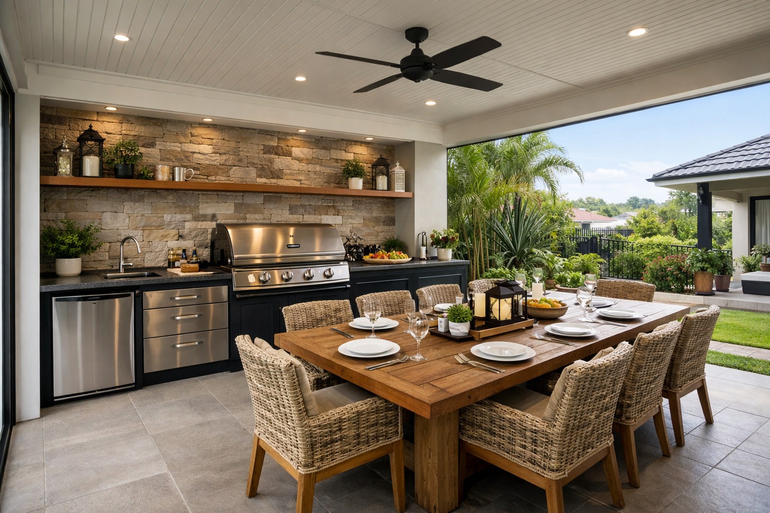 Outdoor kitchen with dining area featuring a wooden table and wicker chairs.