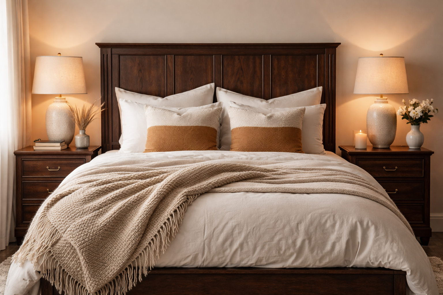 Dark wood bedroom furniture styled with warm white bedding, textured rug and layered lighting