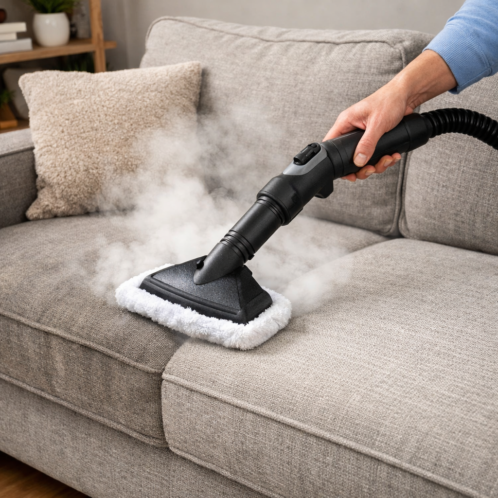 Person steam cleaning a fabric couch using an upholstery attachment for a fresh, clean look