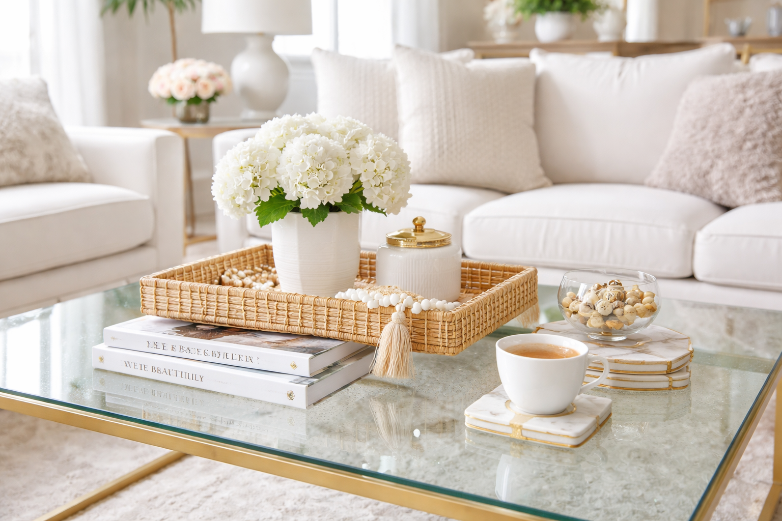 Sparkling glass coffee table in a bright living room, styled with a tray and coasters