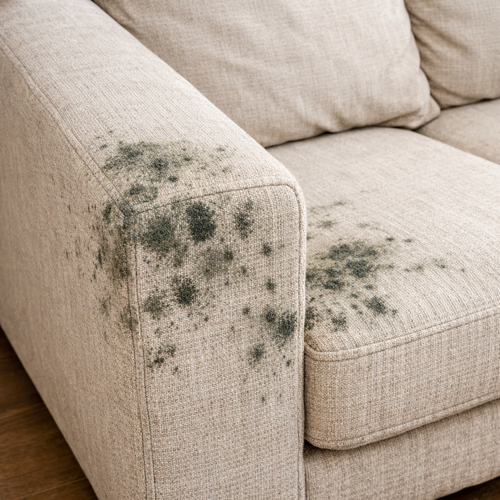 Fabric sofa with visible mould spots near the armrest, shown as an example of upholstery mould that needs safe cleaning