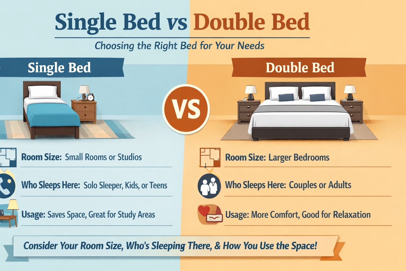 Single bed vs double bed: the right choice depends on your room measurements