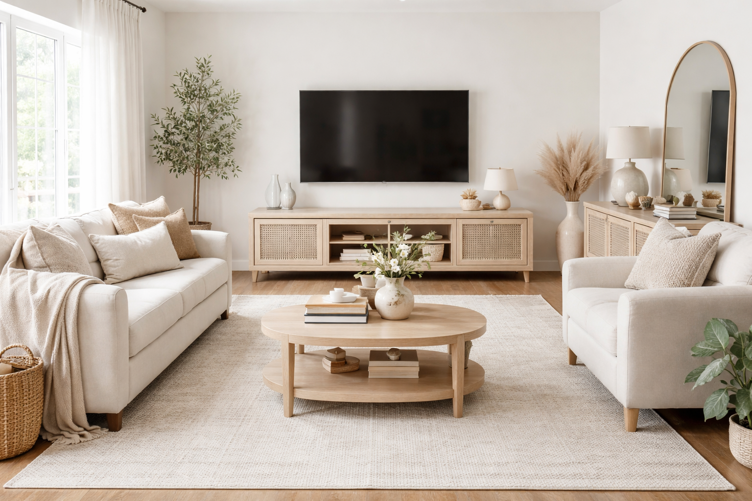 Staged living room layout with a TV unit, coffee table and soft neutral styling to show space and flow