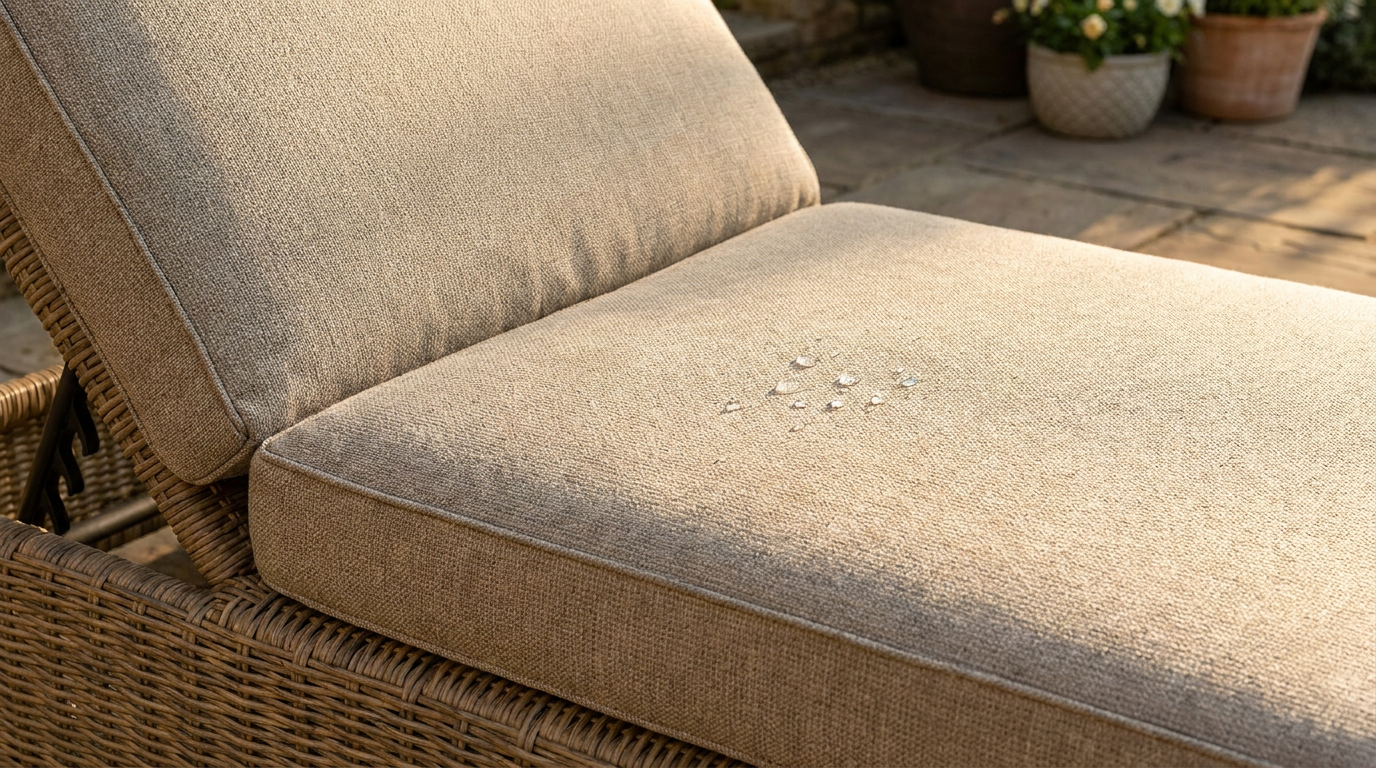 Close-up of UV-resistant outdoor cushion fabric with water beading on the weave
