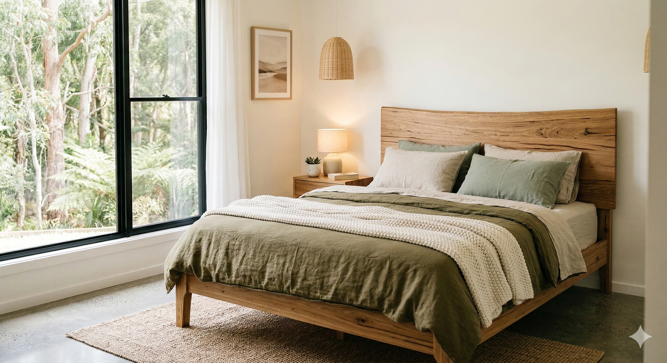 Modern bedroom with wooden bed frame, green bedding, and large window overlooking trees