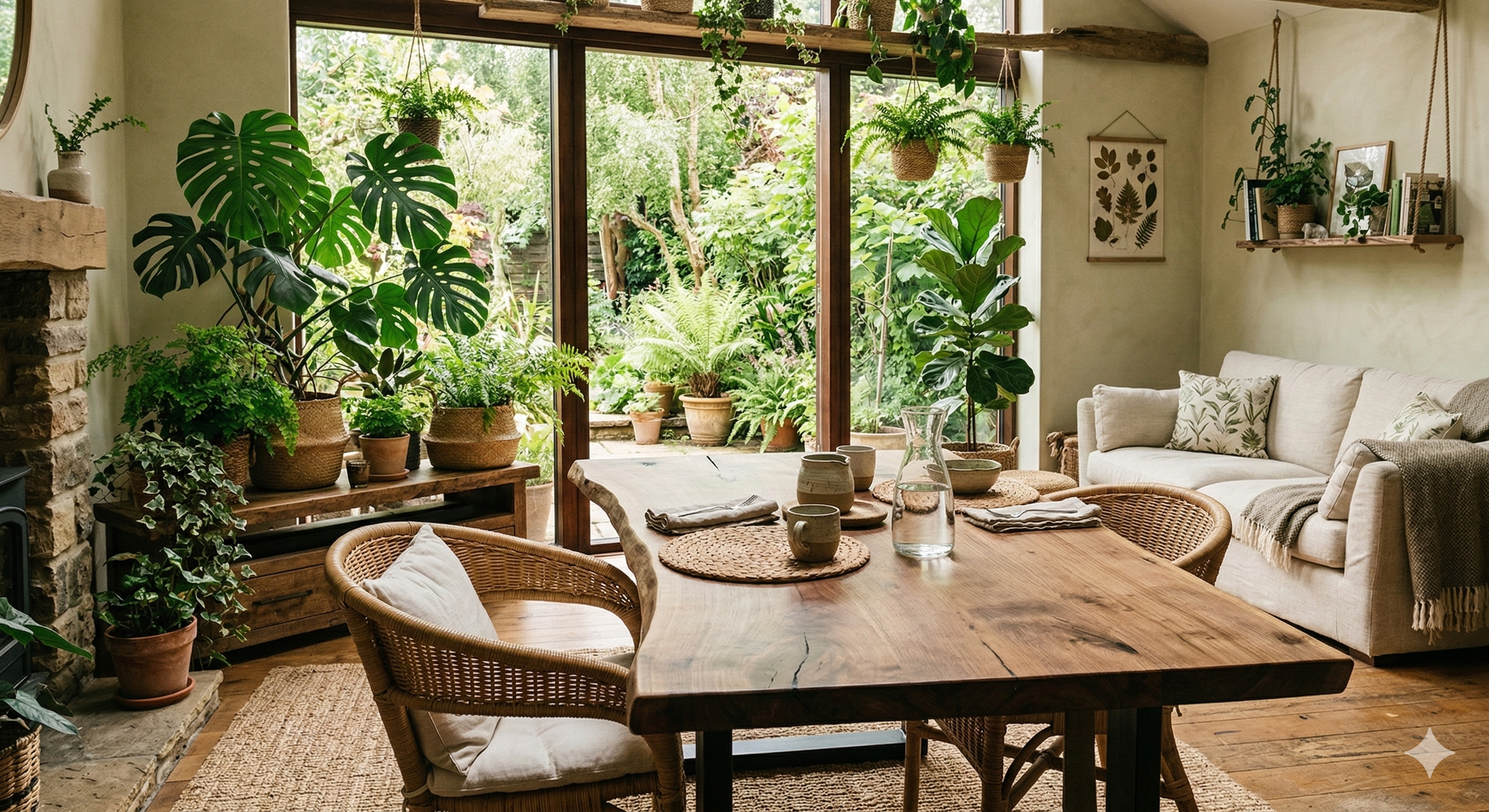 Cozy living room with a wooden dining table and chairs, surrounded by potted plants.
