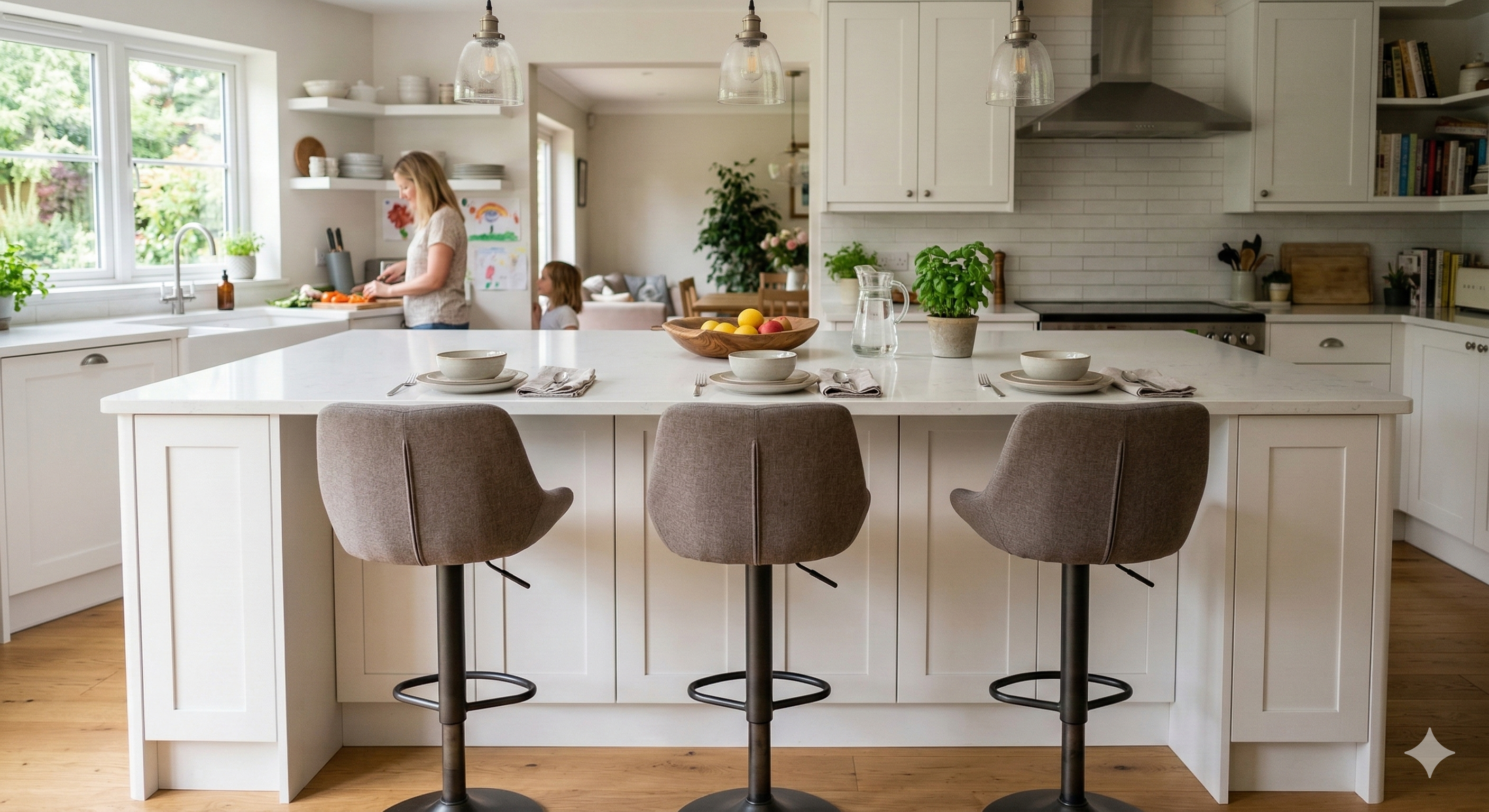 Modern kitchen with white island, stools, and people in the background