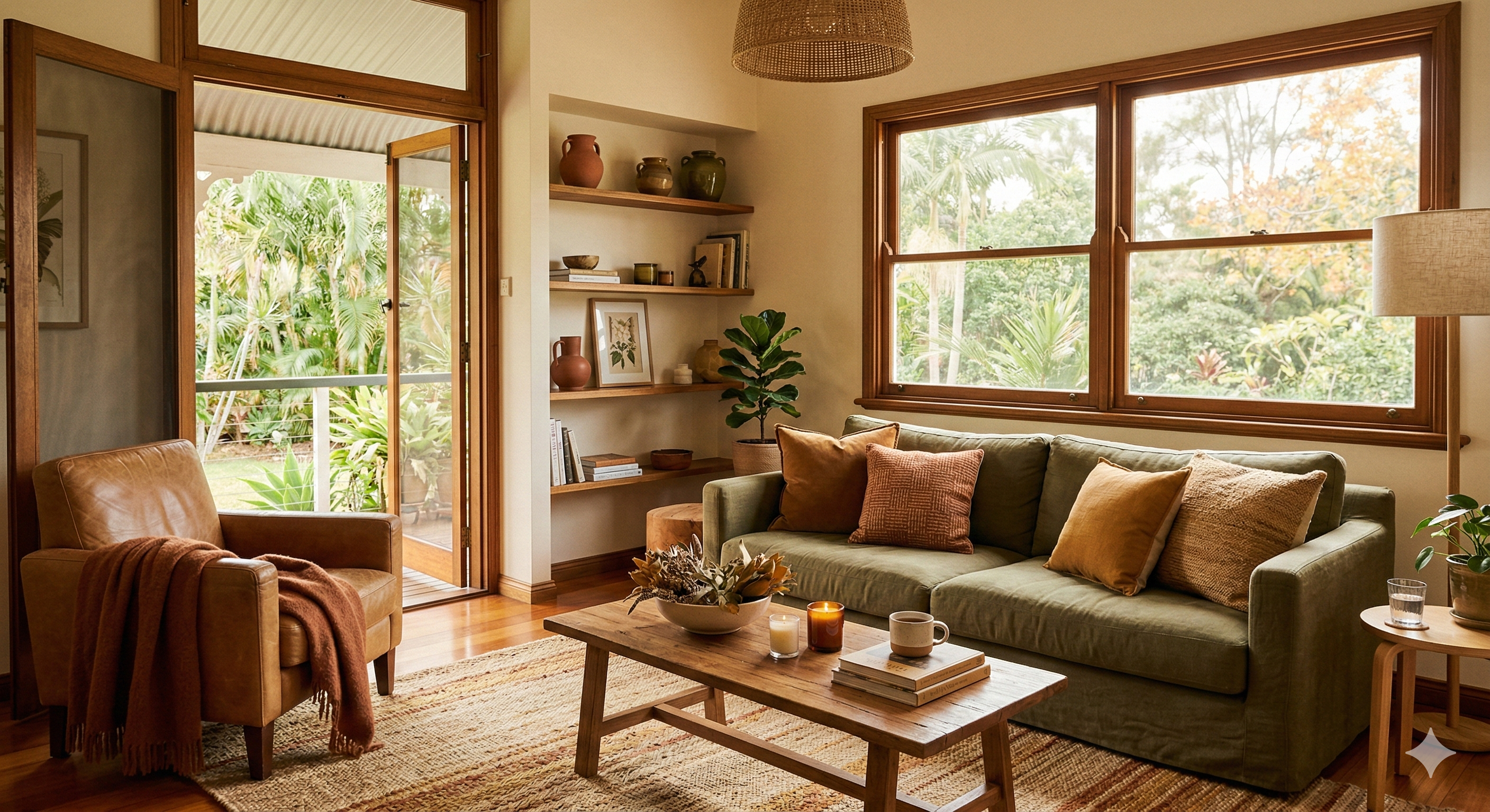 An inviting, sun-drenched Queensland living room styled for autumn. The space features a mix of warm earth tones, including an olive green linen sofa adorned with caramel and ochre cushions, and a tan leather armchair with a terracotta throw rug.