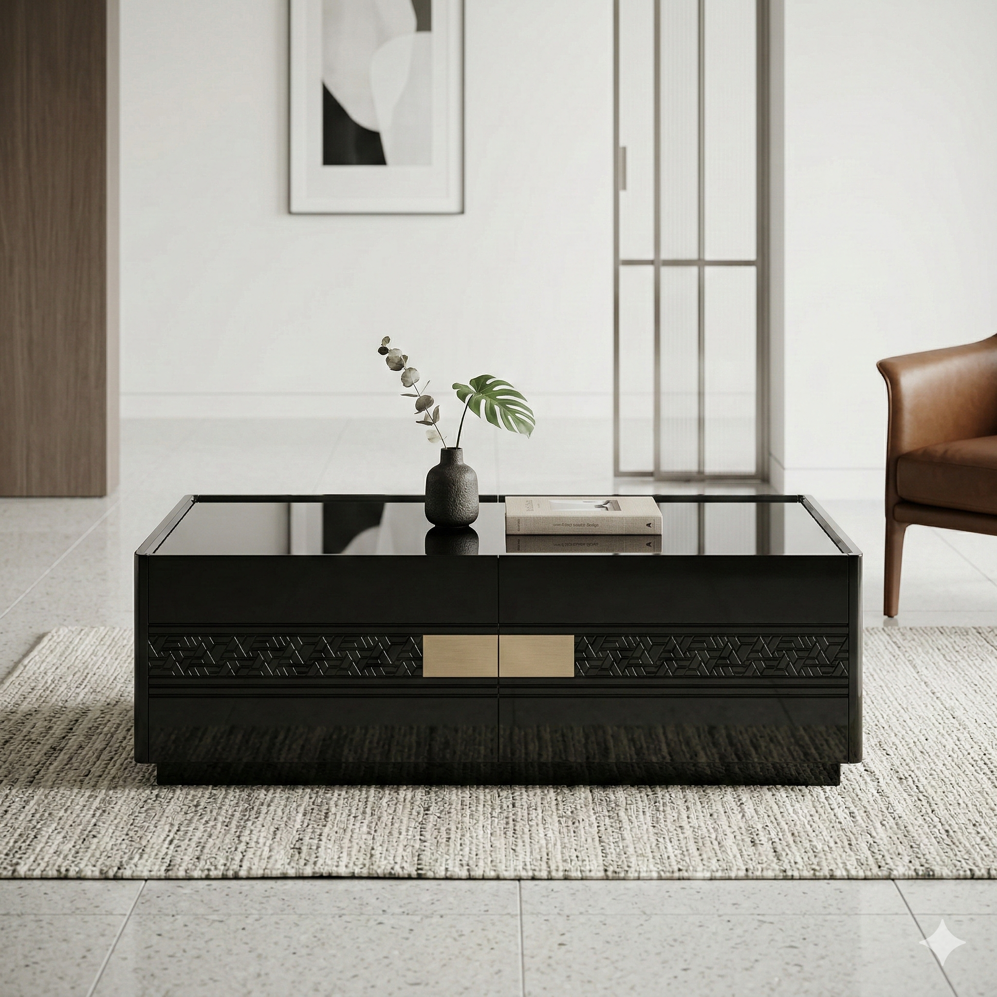 Modern black coffee table with brass accent on rug in contemporary living room