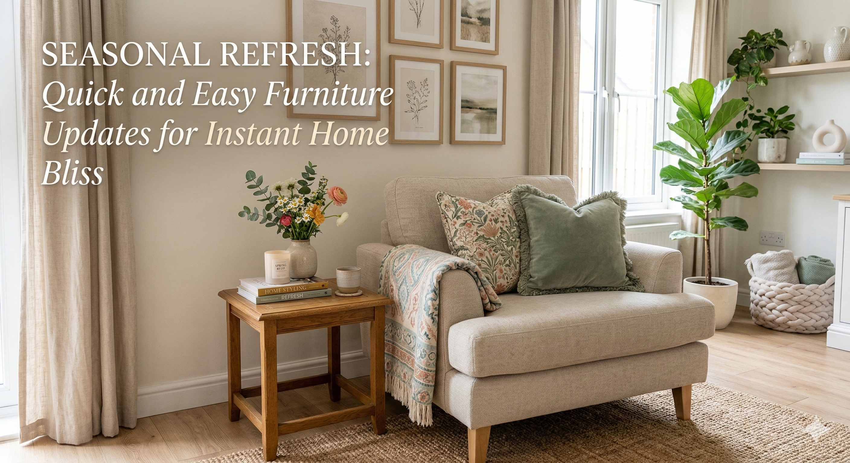 An image of a living room corner with a large beige armchair, pillows, a blanket, and a small side table with flowers.