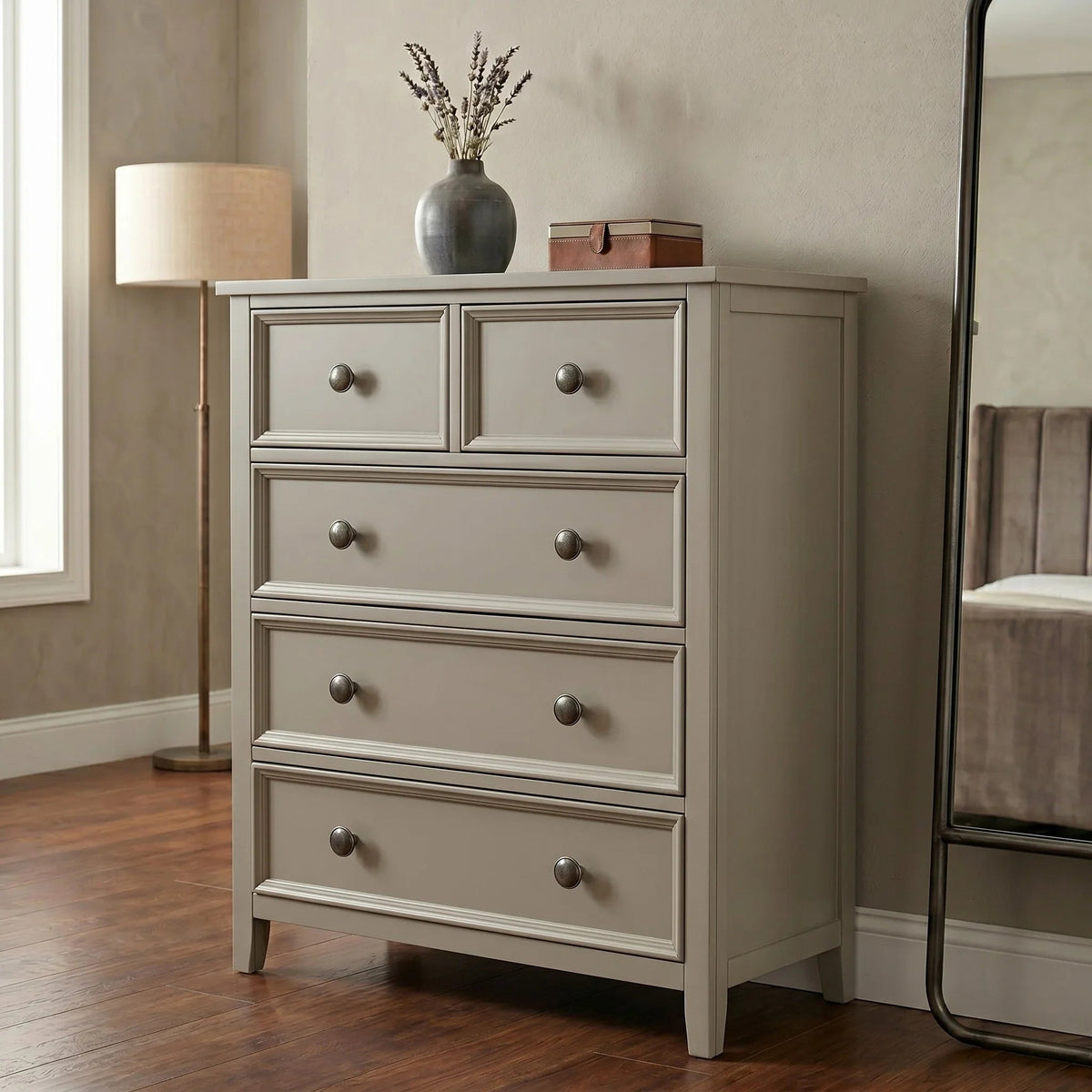 Joseph Tallboy narrow vertical chest of drawers styled in a modern bedroom