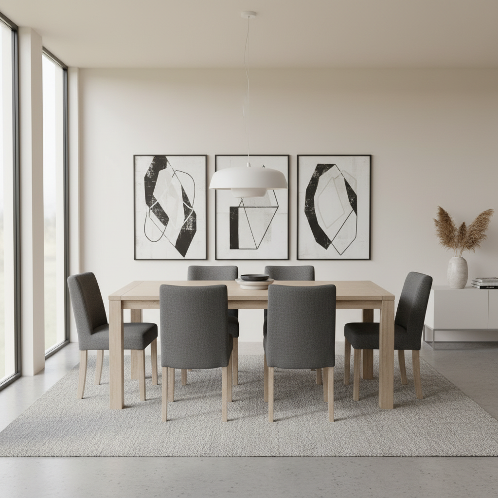 Modern dining room with a light wood table, six grey fabric chairs, minimalist decor