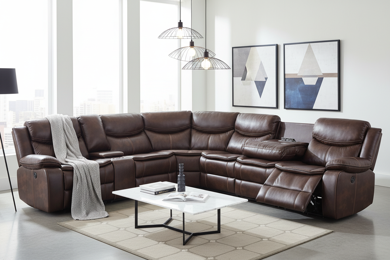 Modern living room with large brown leather reclining sectional sofa, marble coffee table, and geometric wall art