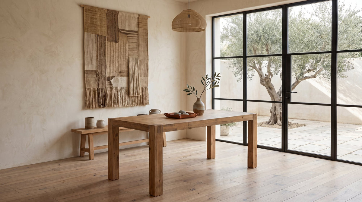 Jayden solid acacia dining table in a dining room with a bench and garden doors