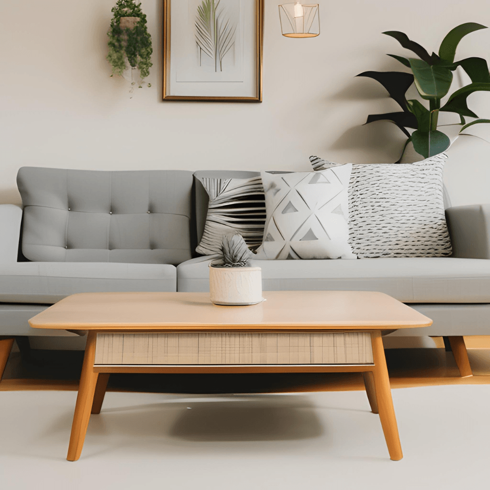 Modern grey sofa with patterned cushions, wooden coffee table, indoor plant, and wall art in a bright living room