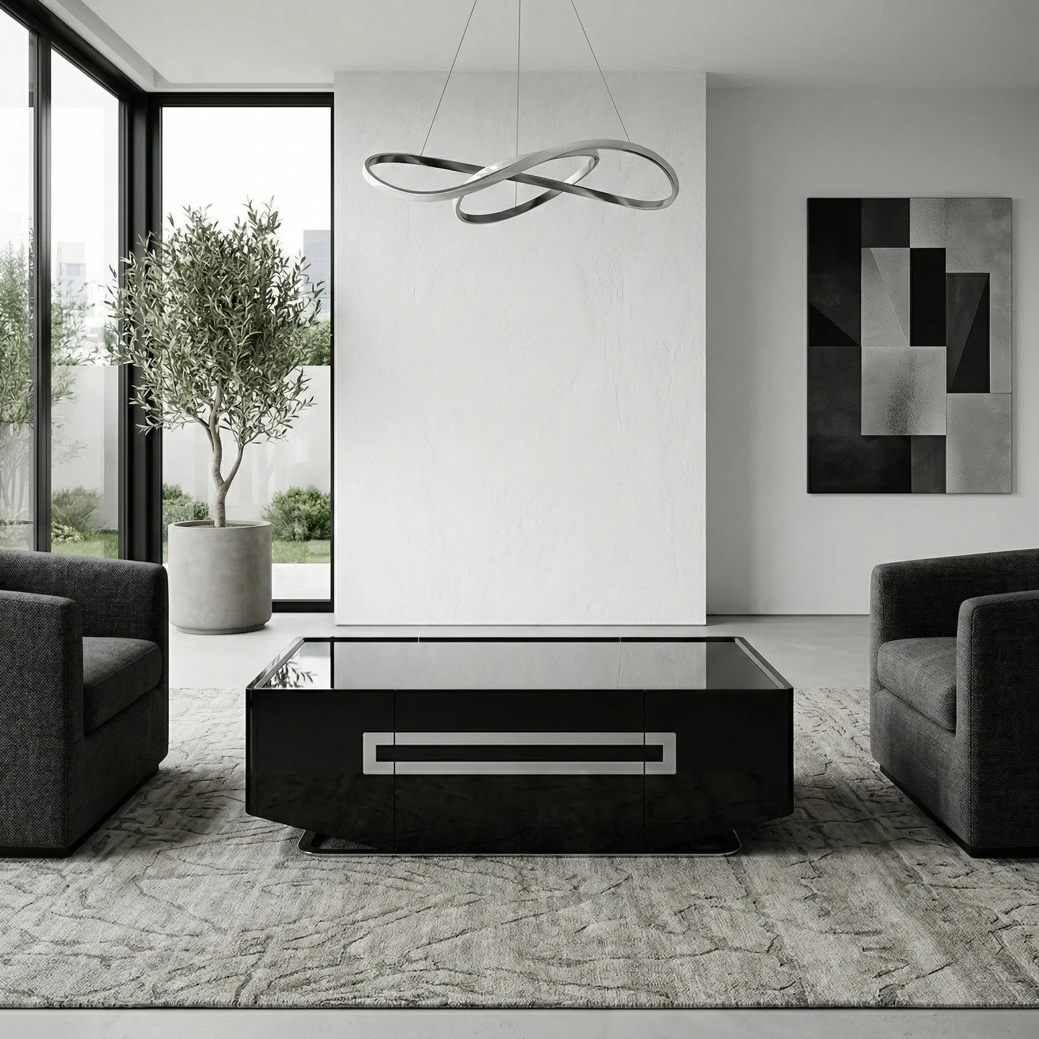 Danna Tempered Glass Coffee Table styled in a contemporary living room