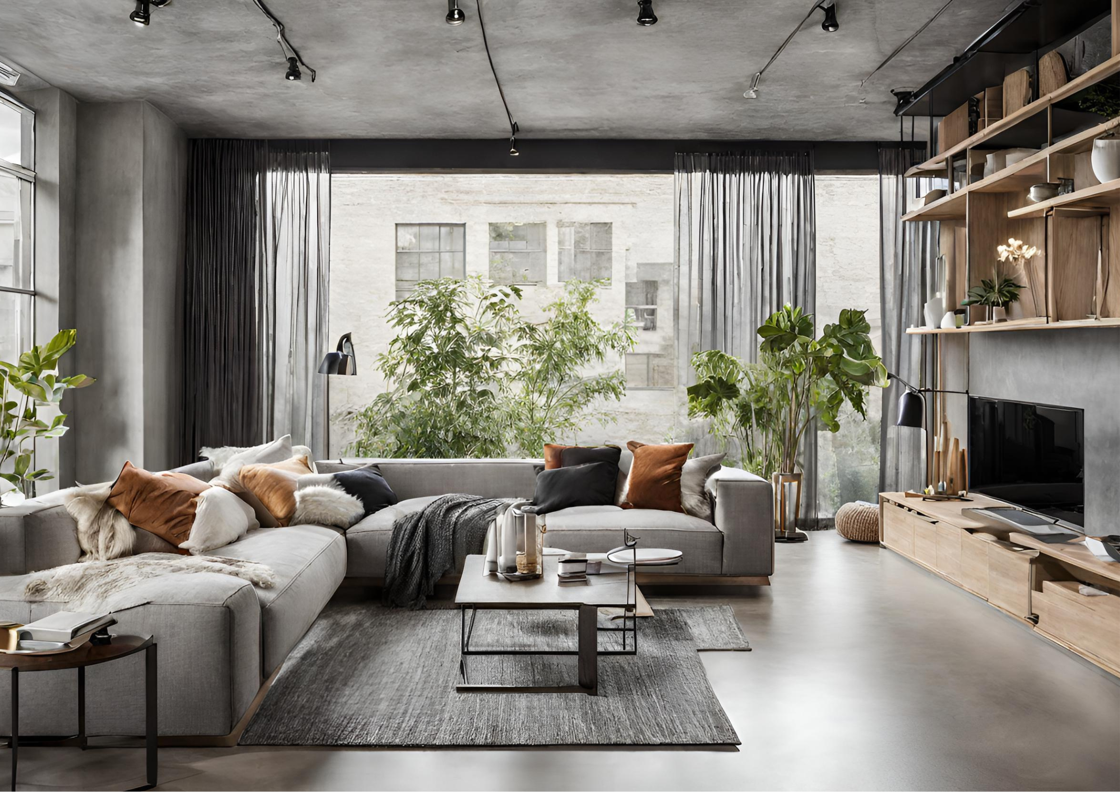 Modern open-concept living room with grey sectional sofa, wood shelves, and indoor plants