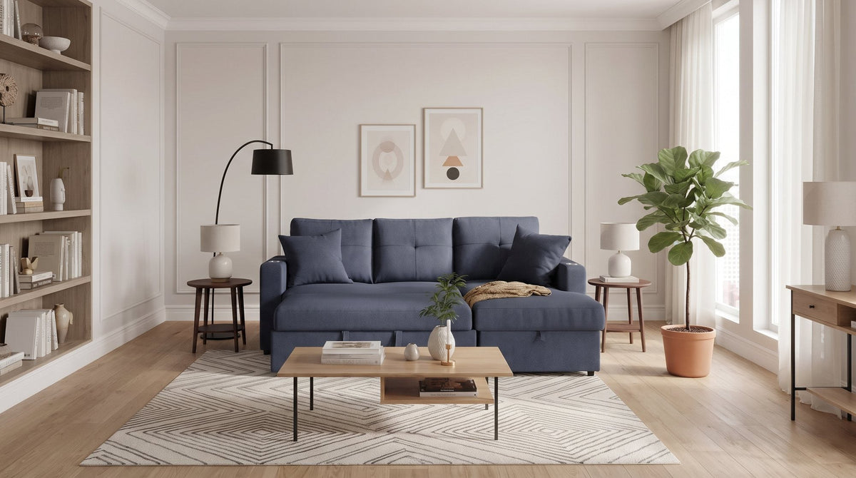 Samson 3 Seater Fabric Sofa Bed with Reversible Chaise in dark blue in a bright living room