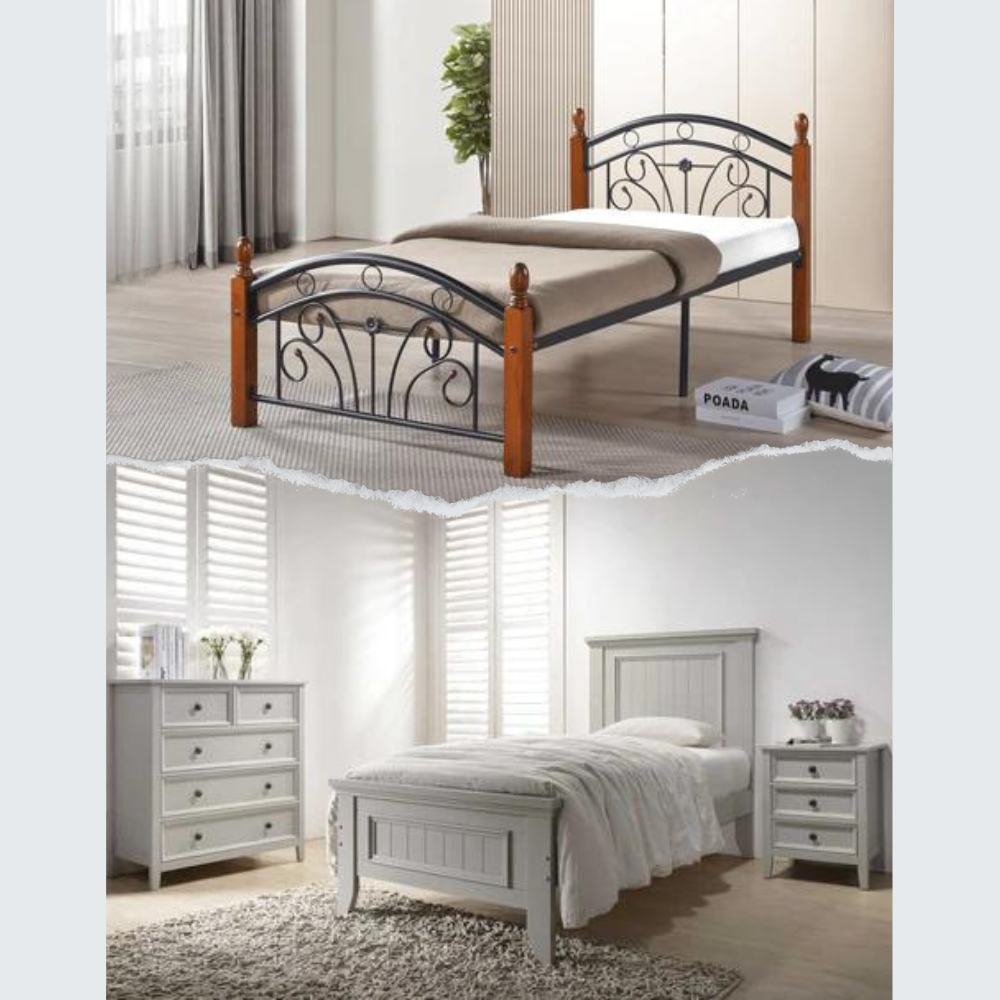 Comparison of king single metal bed frame with wood posts and king single wooden bed frame in bright bedrooms
