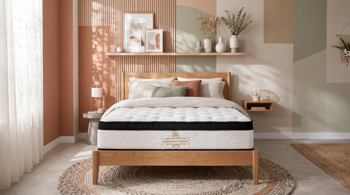 Posture Rest Firm Pocket Spring Mattress on a timber bed in a sunlit bedroom with terracotta walls