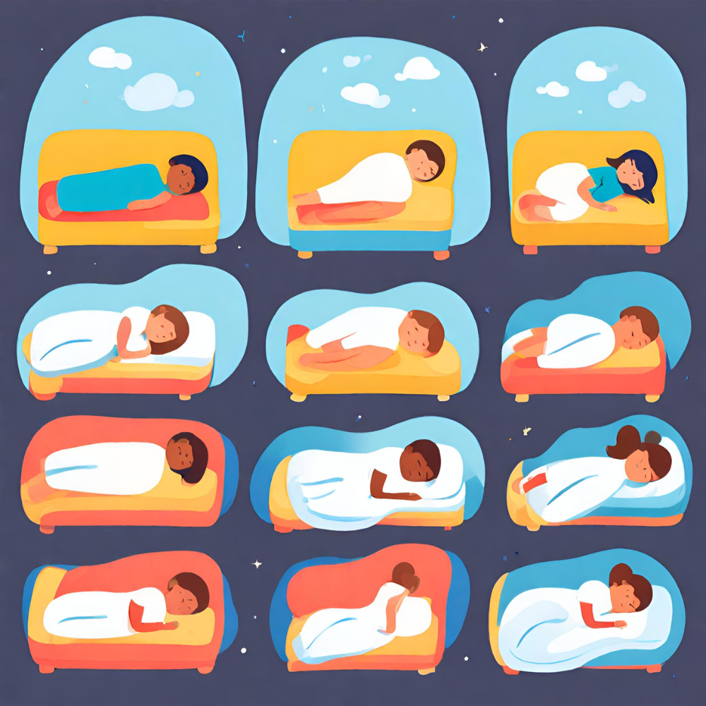 Illustration of various sleeping positions and mattress firmness levels on colorful beds