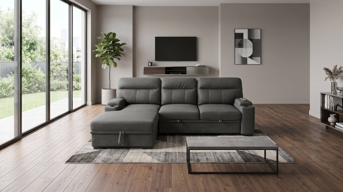Elvis 3 Seater Pull-Out Sofa Bed in grey Rhino fabric, with a chaise and cup holders in the arms