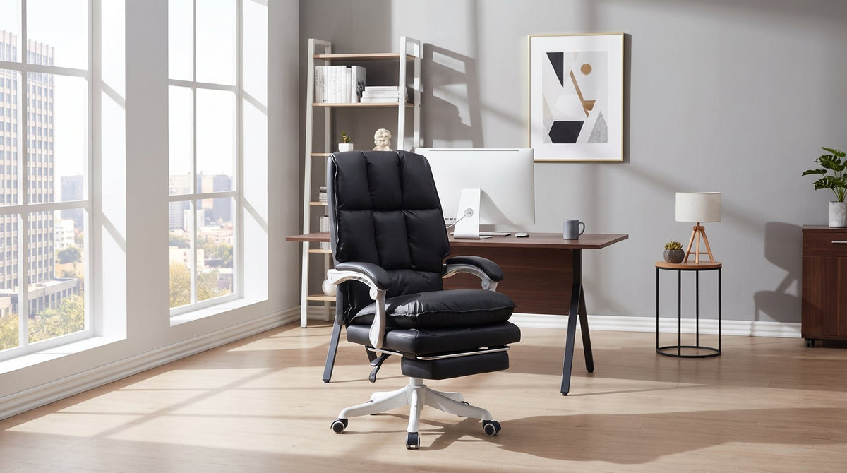 Copenhagen executive office chair with quilted padding and the footrest pulled out in a home study