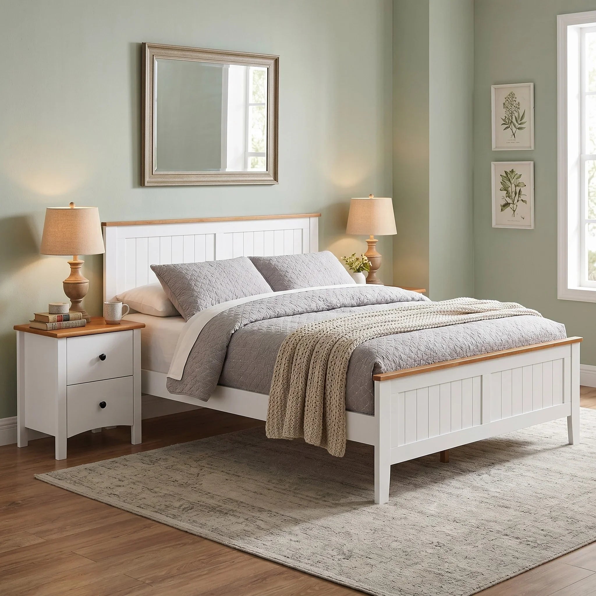 Bedroom with a wooden bed and matching nightstands, lamps, and decor.