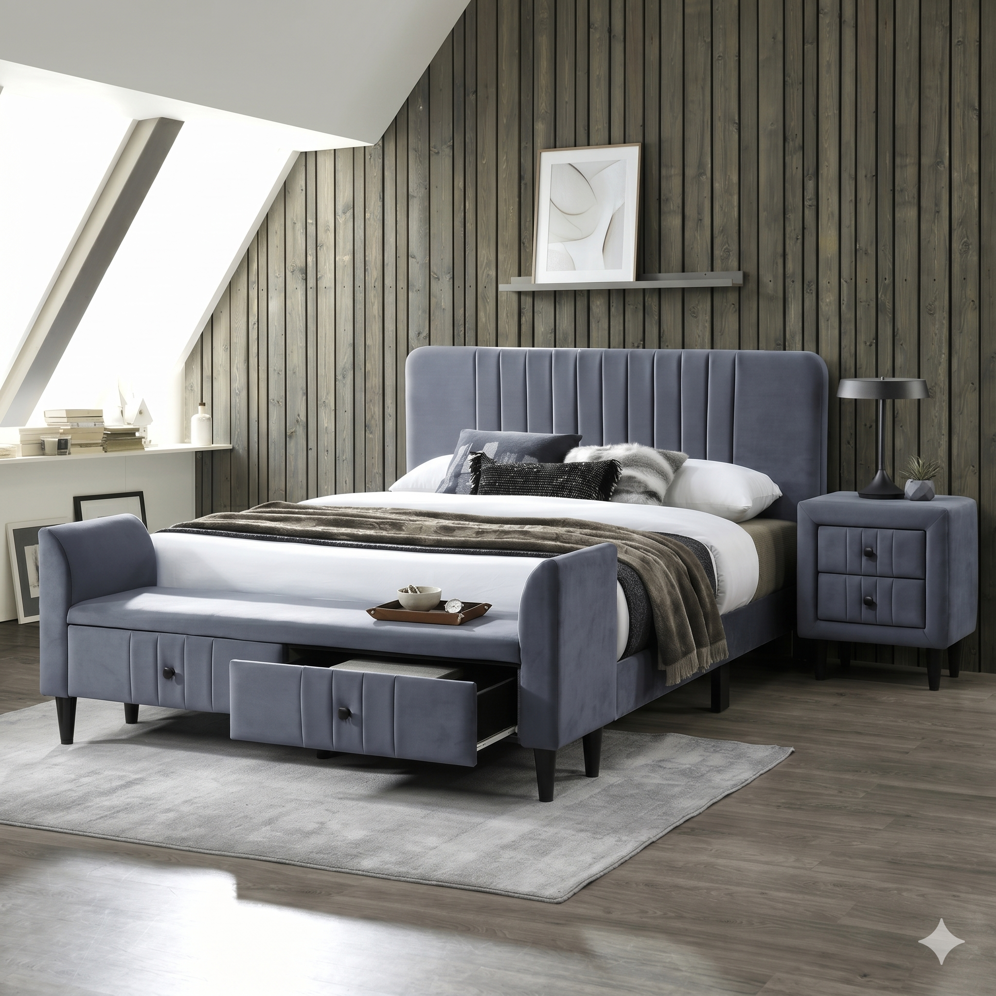 Gray upholstered bed with storage drawers in a bedroom setting.