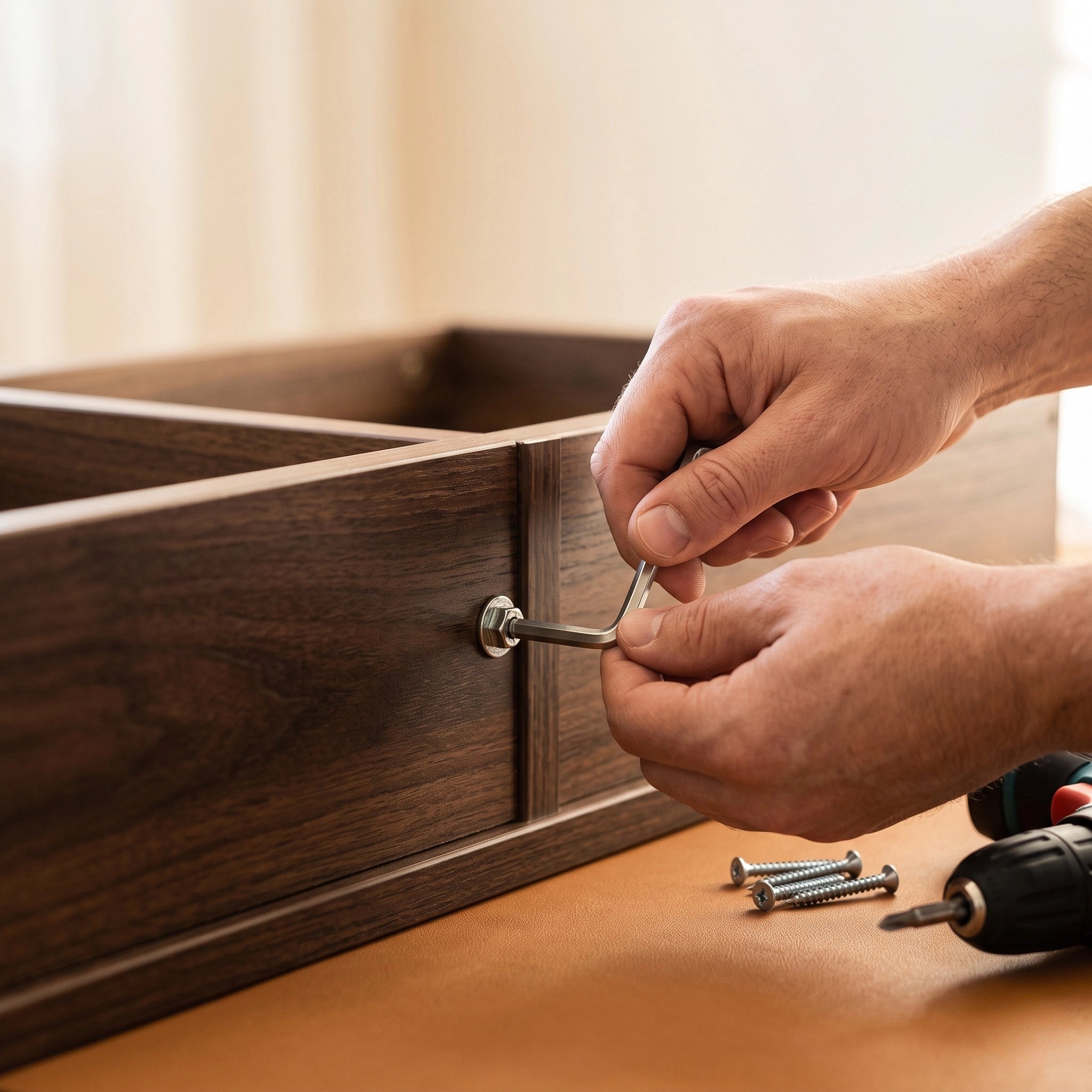 Sofa bed assembly service graphic showing hands using an Allen key to fix a timber frame, with a power drill and screws laid out nearby - The A2Z Furniture