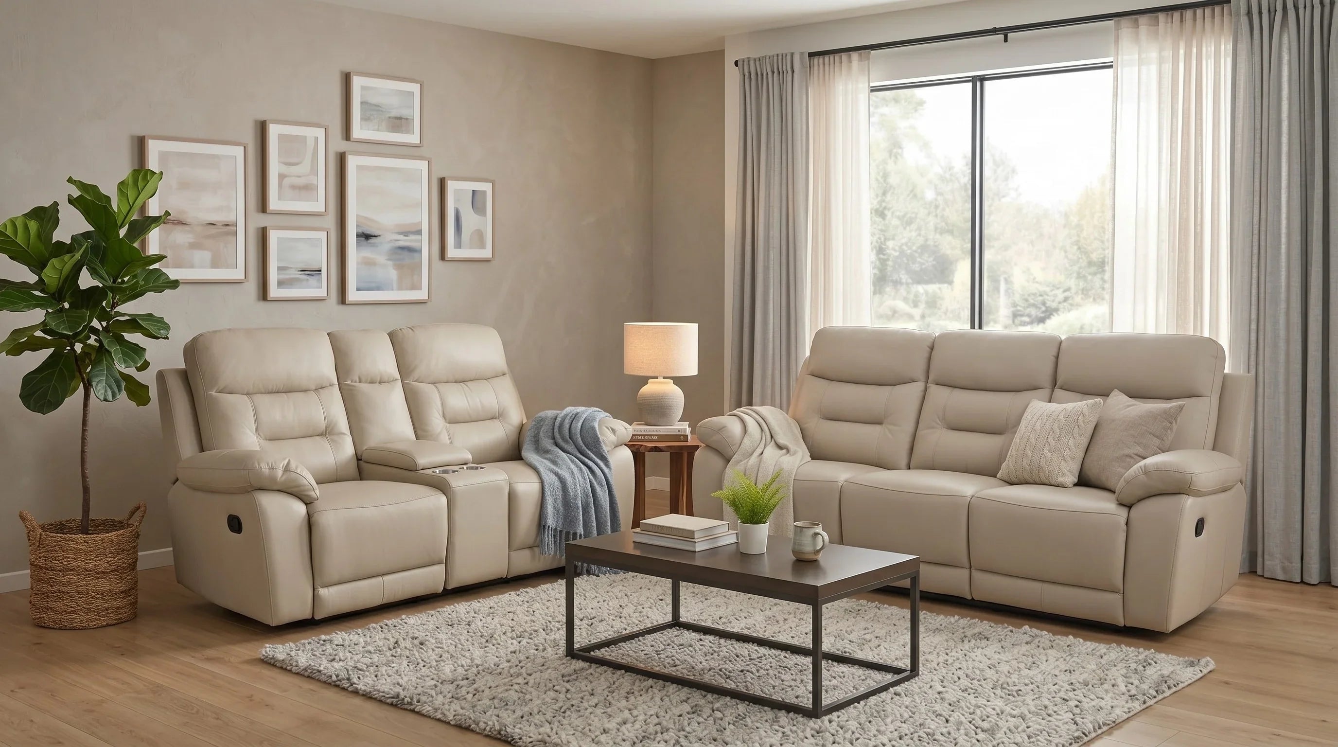 Modern living room with beige recliner sofa, wooden coffee table, and large windows.
