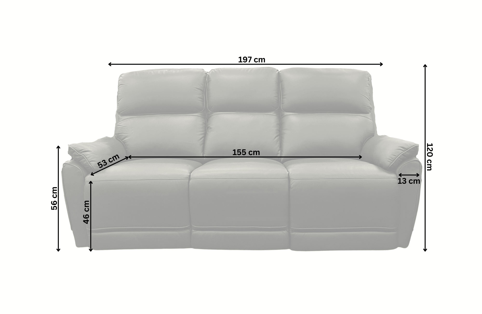 Grey three-seater sofa with labeled dimensions; width 197 cm, height 120 cm, seat depth 53 cm.