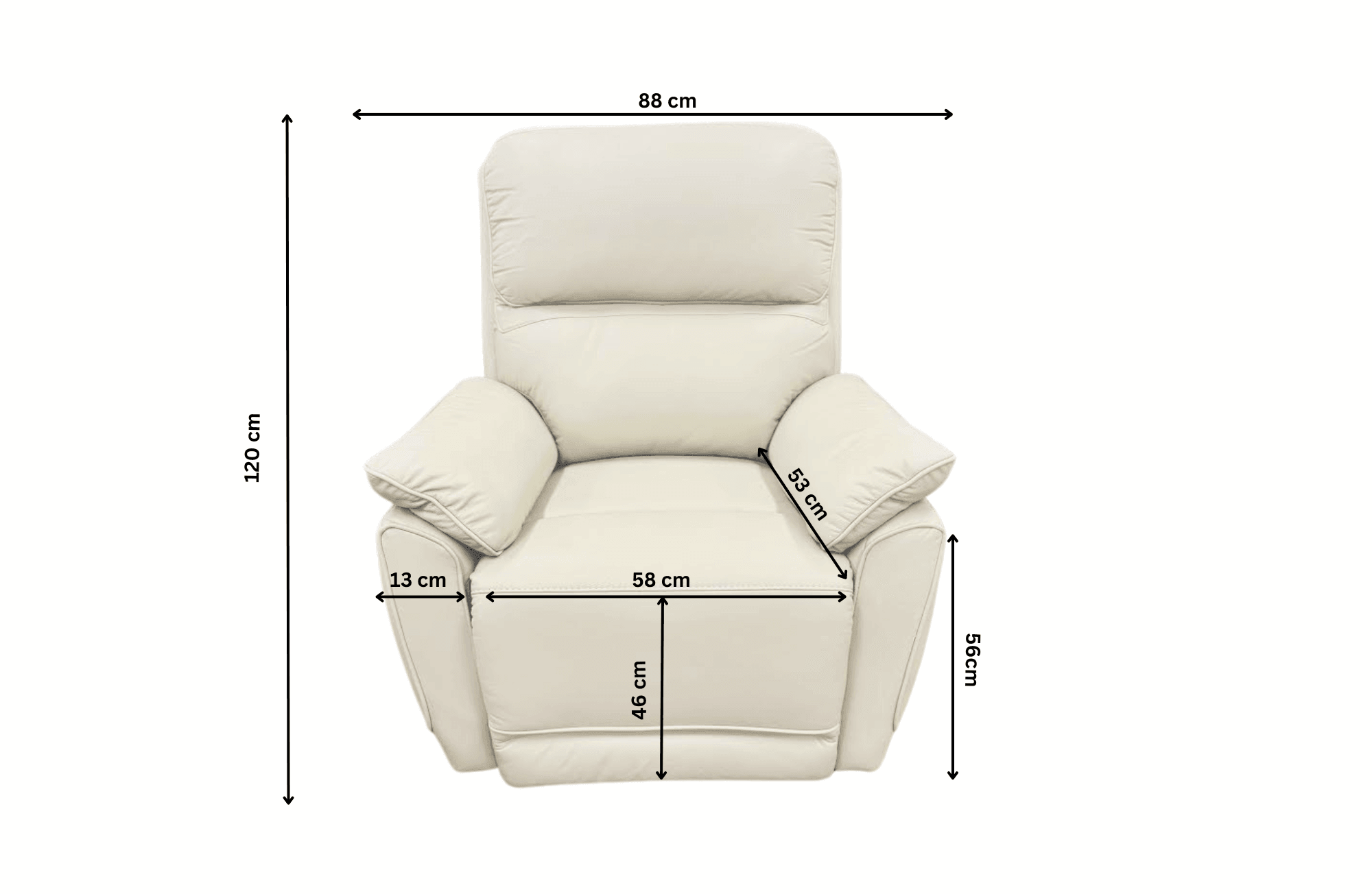 Beige armchair recliner with visible measurements, modern lounge furniture