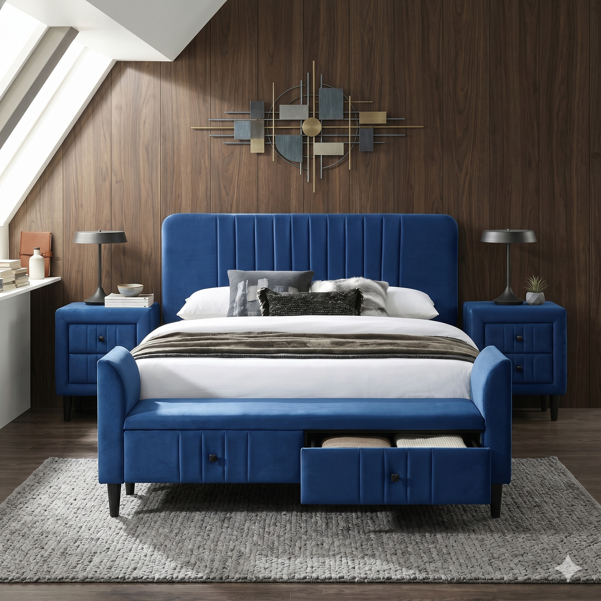 Blue upholstered bed with storage drawers in a modern bedroom setting.