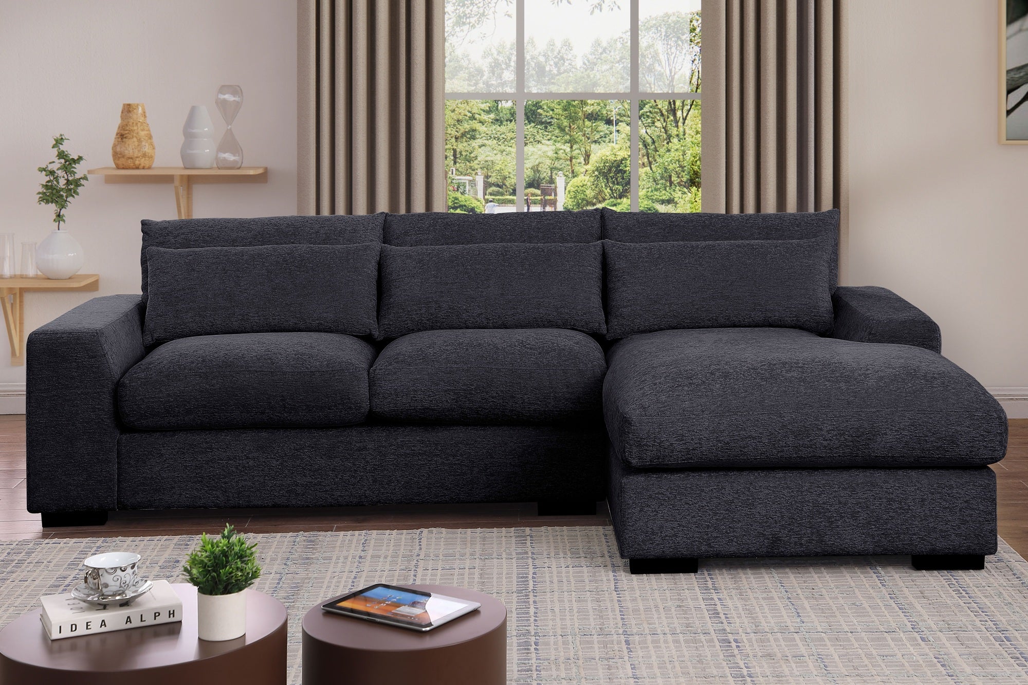 Oxford 3-Seater Couch with Chaise in Dark Grey and Beige – Wide deep seats, plush cushions, and matching pillow – Available in left or right chaise options.