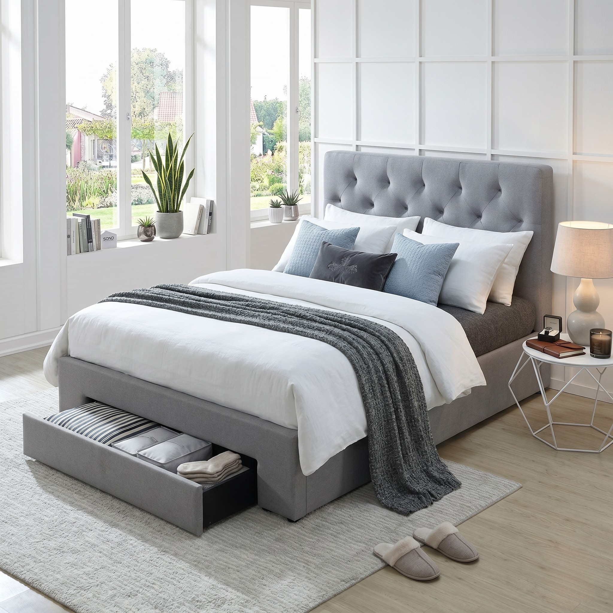 Light Gray upholstered bed with storage drawers in a bright bedroom with large windows.