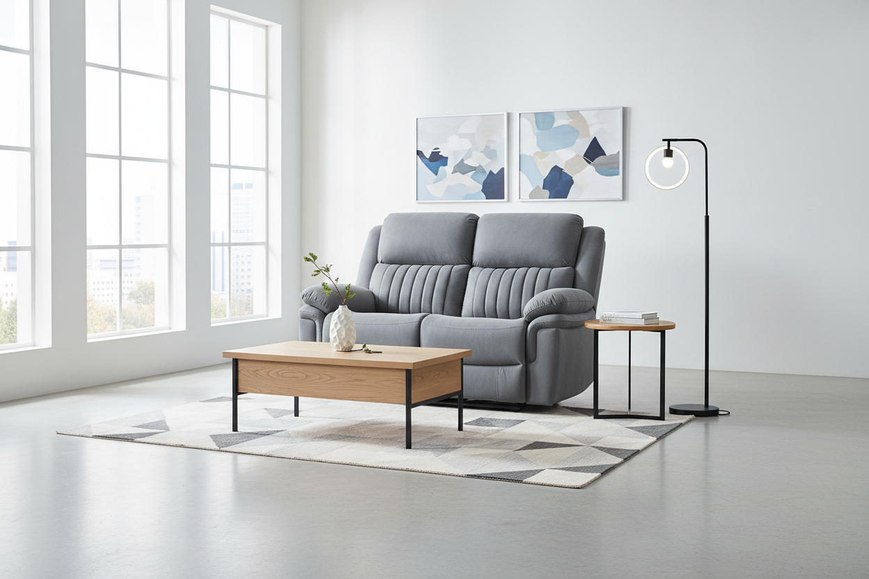 Gray sofa in a modern living room with a wooden coffee table and abstract art on the wall.