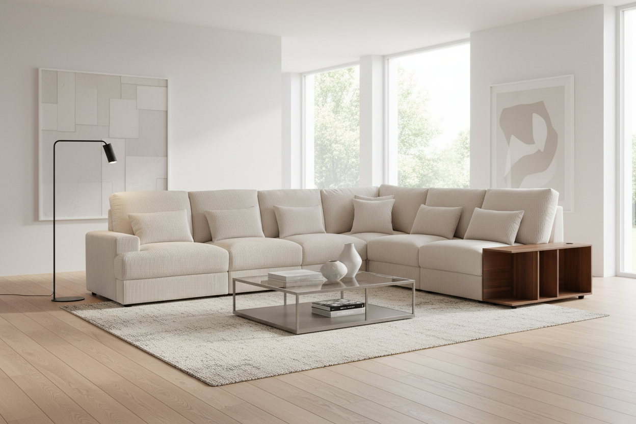 Modern living room with a beige sectional sofa, coffee table, and decorative items.