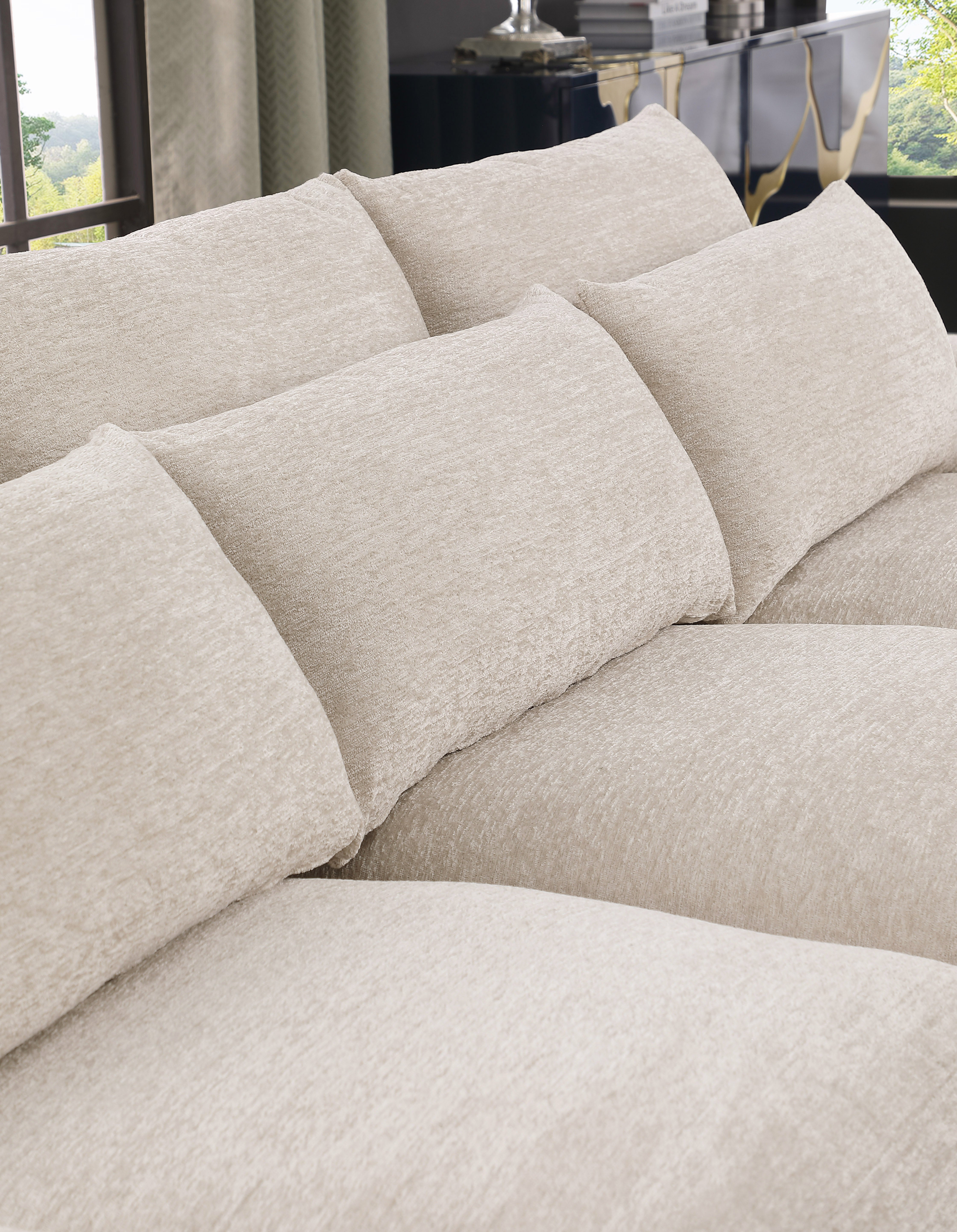 Oxford 3-Seater Couch with Chaise in Dark Grey and Beige – Wide deep seats, plush cushions, and matching pillow – Available in left or right chaise options.