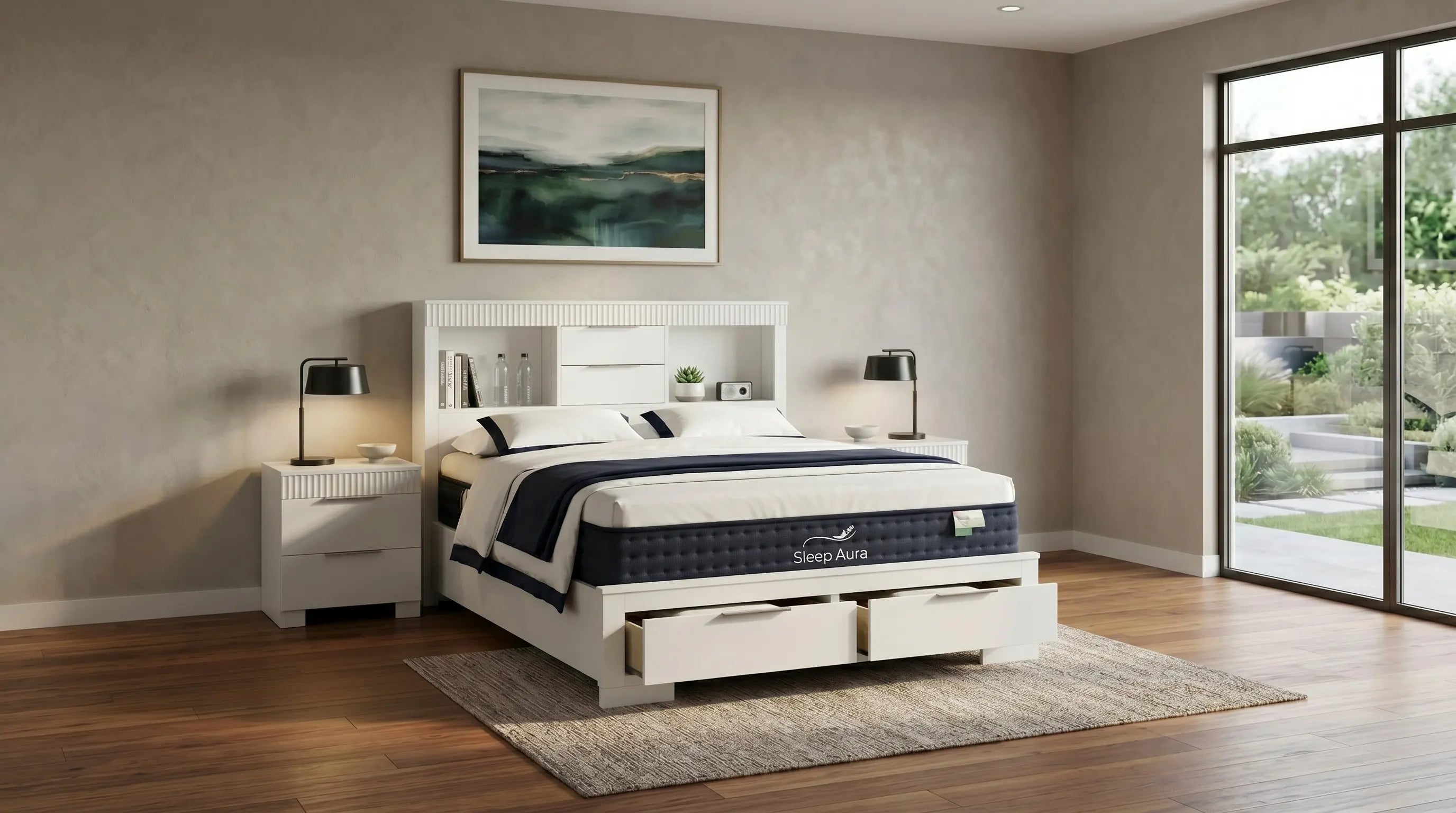White bedroom set with bed, nightstands, and lamps in a room with large windows.