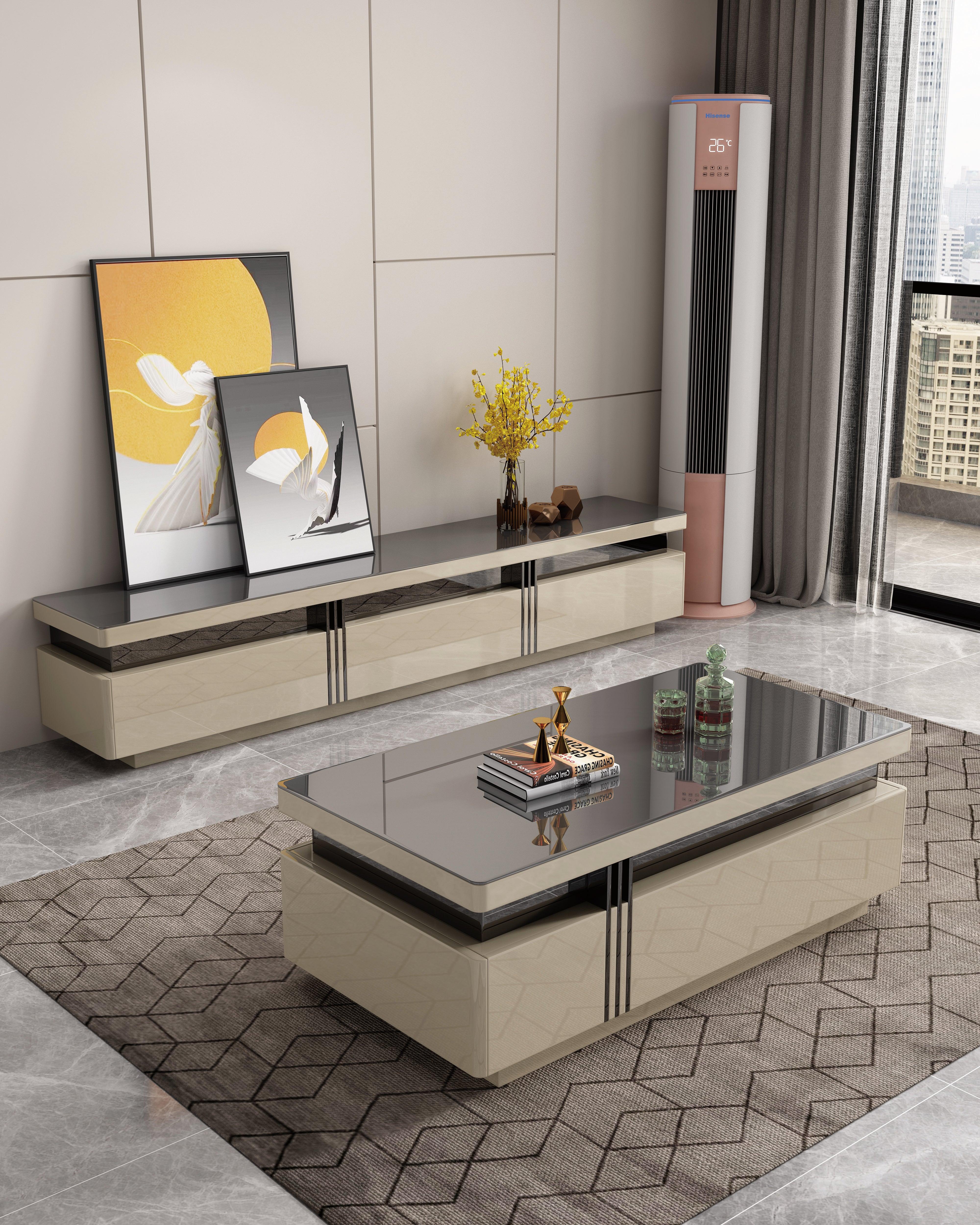 Delta glass coffee table, grey with black accents, black tempered glass top, built-in storage drawers, modern living room furniture.