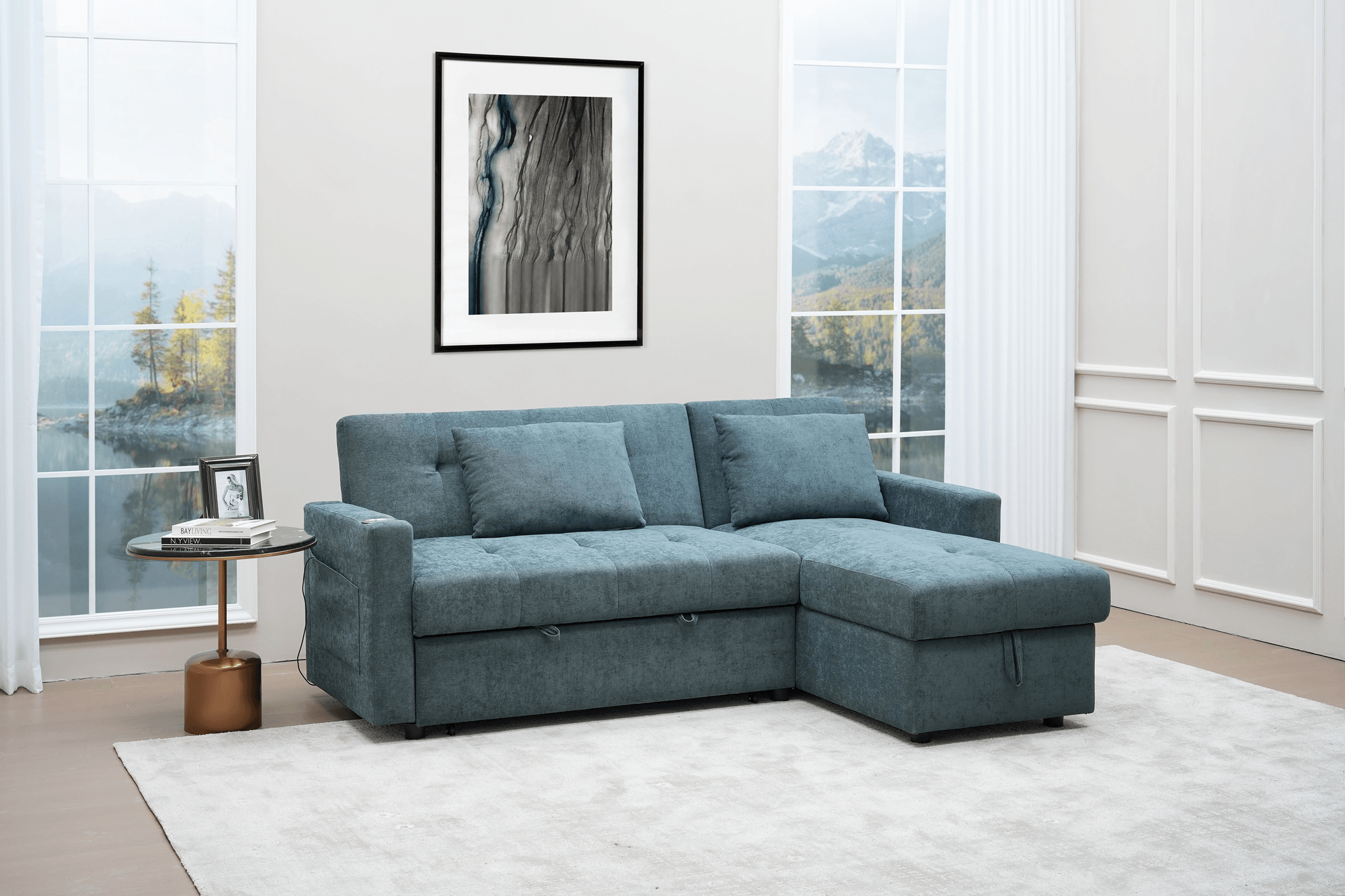 Oasis Sofa Bed with reversible chaise, hidden storage, USB port, and cupholder – available in Dark Grey and Beige at The A2Z Furniture.