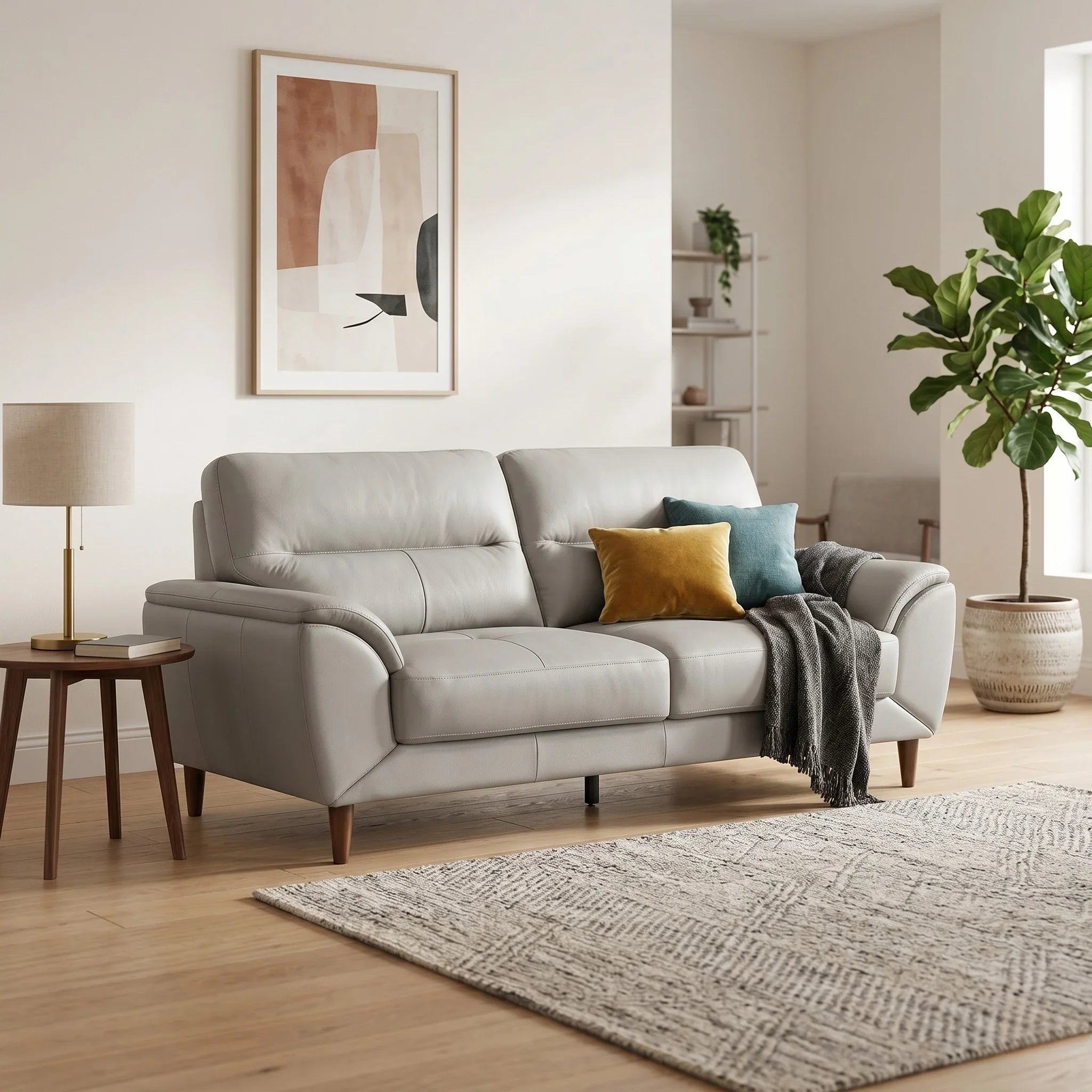 Modern silver 3 seater sofa with plush cushions and wooden legs, contemporary lounge furniture